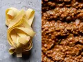 Fettuccine fresche accanto a un ricco ragù di lenticchie, pronto per essere gustato.