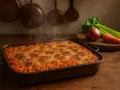 Anelletti alla siciliana fumanti in teglia, con ingredienti freschi sullo sfondo.