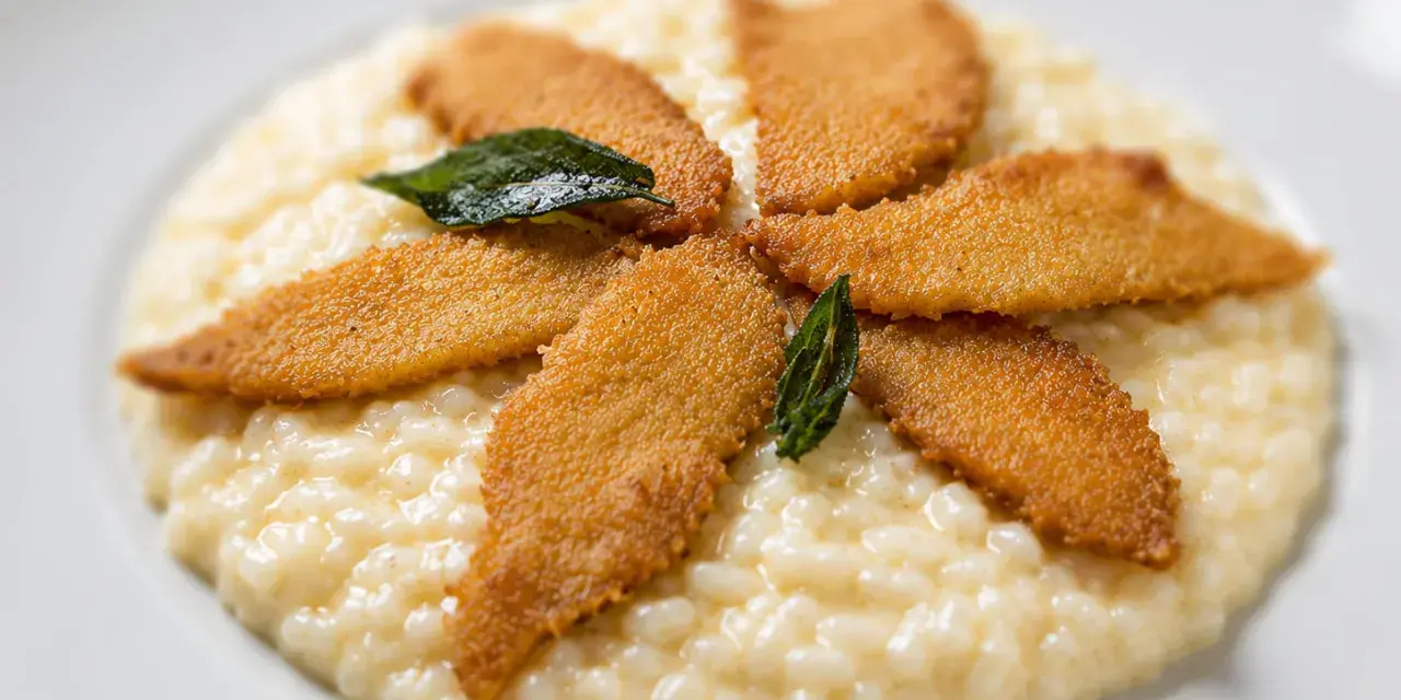 Un cremoso risotto al pesce persico, guarnito con filetti dorati e foglie di salvia croccante, un piatto che invita alla degustazione.