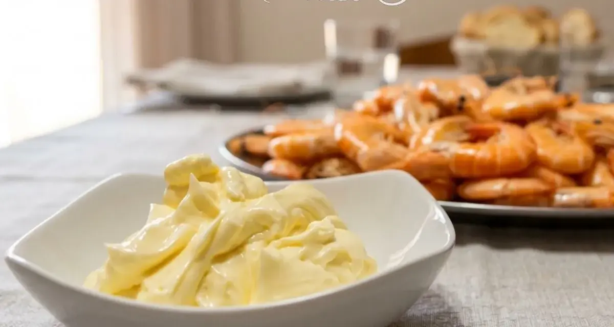 Una ciotola di maionese fatta in casa, perfetta per accompagnare gamberi e pane. Una maionese ricetta facile e veloce.
