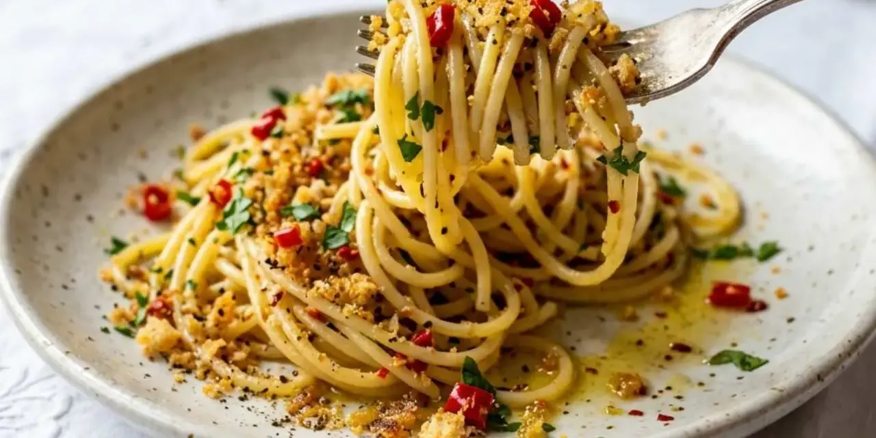 Spaghetti con acciughe e pangrattato, un piatto semplice ma gustoso, con un tocco di peperoncino e prezzemolo fresco.