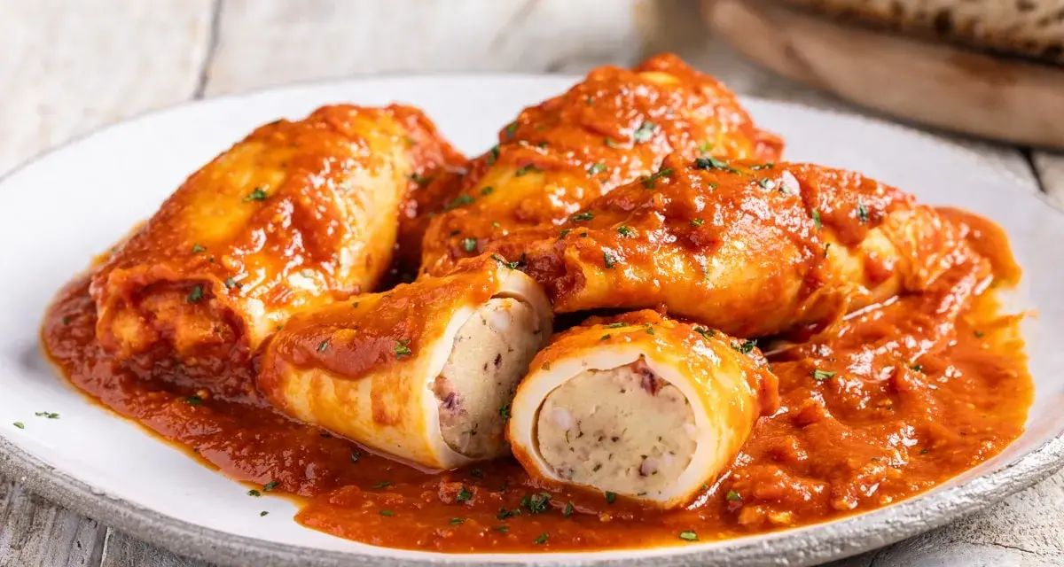 Calamari ripieni in padella, soffocati in un sugo rosso saporito, con un ripieno visibile e prelibato.