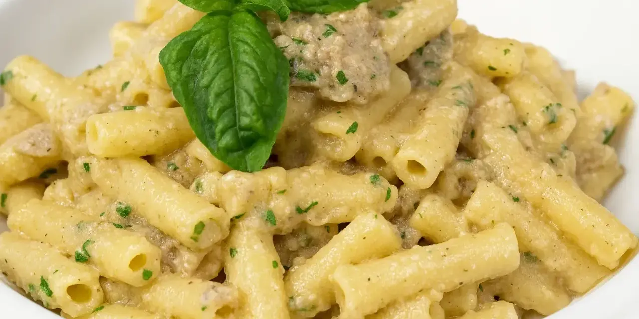 Un piatto di pasta con melanzane in bianco cremosa, condita con erbe aromatiche e guarnita con una foglia di basilico fresco.