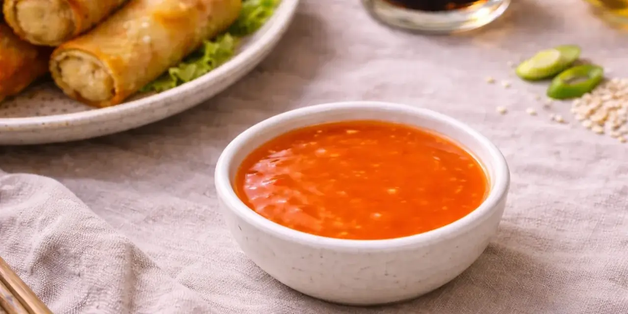 Una ciotola di salsa agrodolce arancione brillante, perfetta per accompagnare involtini primavera dorati.