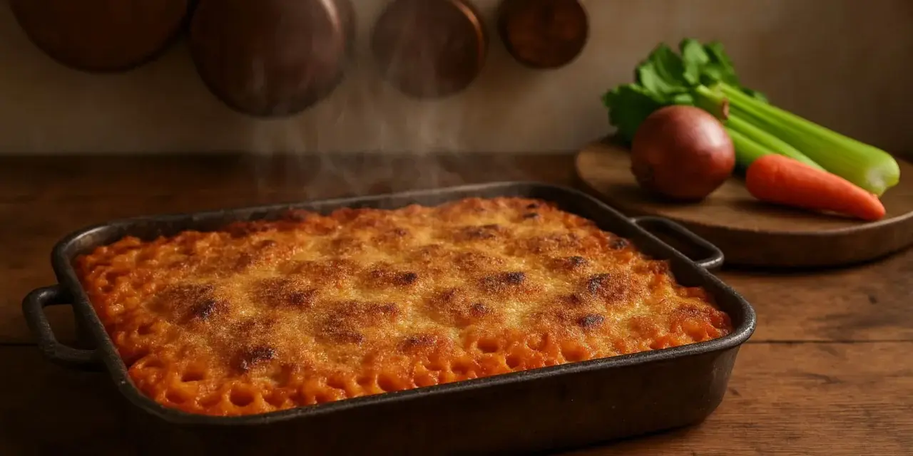 Anelletti alla siciliana fumanti in teglia, con ingredienti freschi sullo sfondo.