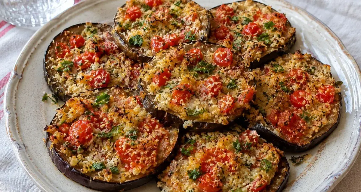 Fette di melanzane ripiene in friggitrice ad aria, condite con pomodorini e pangrattato, pronte per essere gustate.