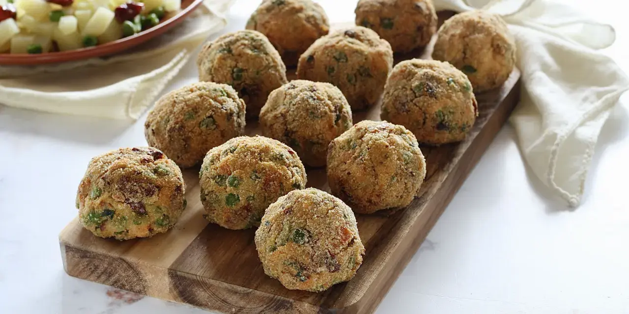Deliziose polpette di verdure dorate e croccanti, disposte su un tagliere di legno. Un contorno di patate e piselli sullo sfondo.