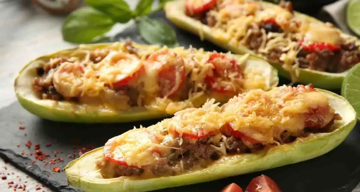 Zucchine tonde ripiene, un piatto gustoso con carne macinata, pomodoro e formaggio fuso, pronto per essere gustato.