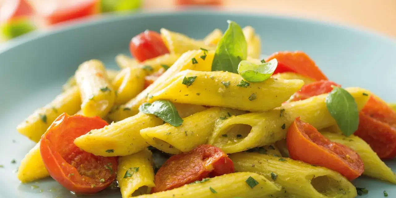 Penne al pesto con pomodorini freschi e basilico, un piatto colorato e saporito.