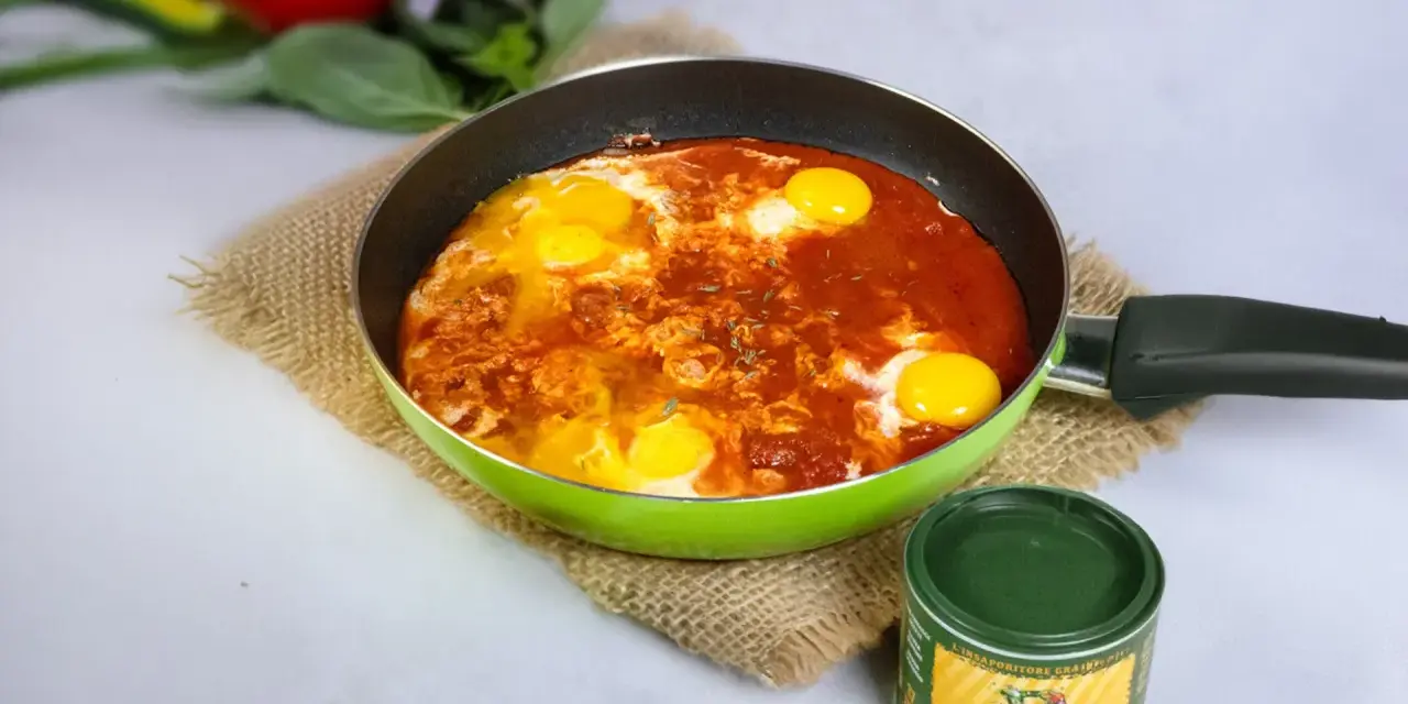 Uova in padella con sugo di pomodoro, un'idea per una frico ricetta veloce e gustosa.