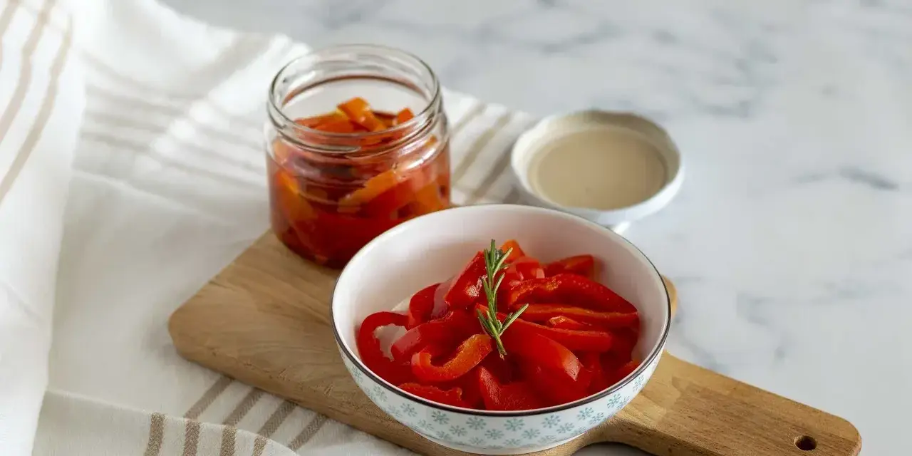 Peperoni sott'olio in una ciotola e in un barattolo, pronti per essere gustati. Un rametto di rosmarino decora i peperoni.