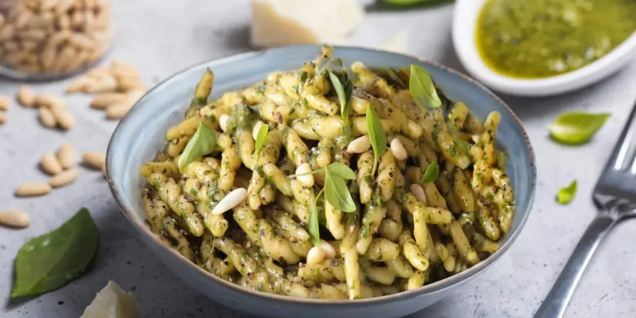 Un piatto di trofie al pesto, condite con basilico fresco, pinoli e parmigiano. Una ricetta classica e gustosa.