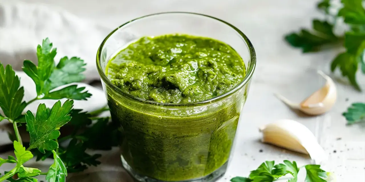 Un bicchiere di vibrante salsa verde, con prezzemolo fresco e spicchi d'aglio sullo sfondo.