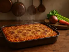 Anelletti alla siciliana fumanti in teglia, con ingredienti freschi sullo sfondo.
