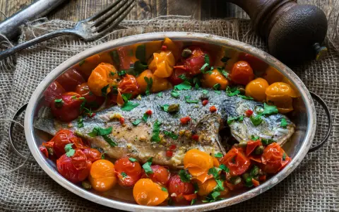 Orata all'acqua pazza, un piatto saporito con pomodorini, capperi e prezzemolo, pronto per essere gustato.