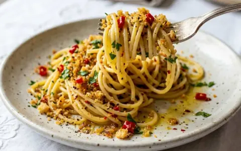 Spaghetti con acciughe e pangrattato, un piatto semplice ma gustoso, con un tocco di peperoncino e prezzemolo fresco.