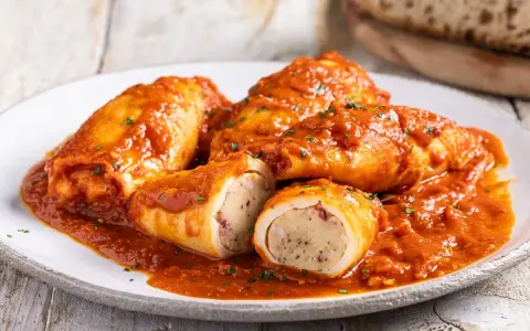 Calamari ripieni in padella, soffocati in un sugo rosso saporito, con un ripieno visibile e prelibato.