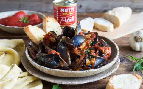 Piatto fumante di cozze alla tarantina ricetta, con pane tostato e pomodori pelati Mutti.