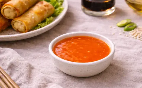 Una ciotola di salsa agrodolce arancione brillante, perfetta per accompagnare involtini primavera dorati.
