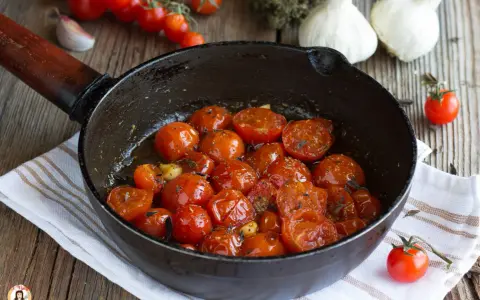 Pomodorini confit in padella, dolci e succosi, cotti con aglio e erbe aromatiche. Un contorno saporito e profumato.