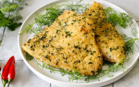 Due filetti dorati di pesce spada alla palermitana, croccanti e profumati, adagiati su un letto di finocchietto fresco.