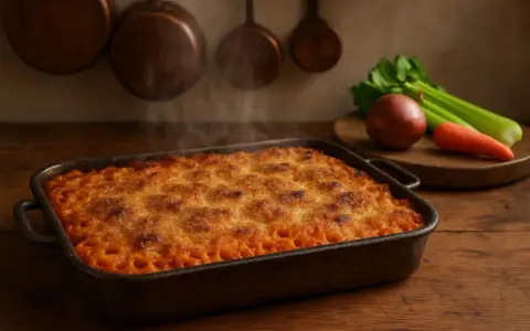 Anelletti alla siciliana fumanti in teglia, con ingredienti freschi sullo sfondo.