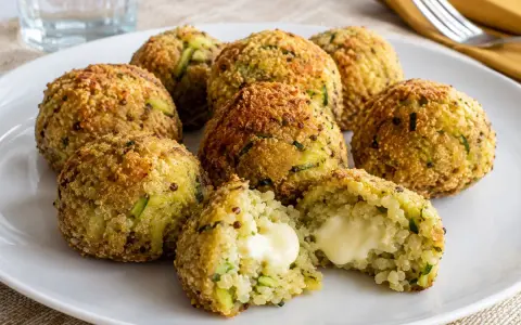 Polpette di zucchine in friggitrice ad aria, croccanti fuori e morbide dentro, con un cuore filante di formaggio.