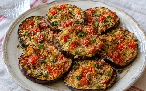 Fette di melanzane ripiene in friggitrice ad aria, condite con pomodorini e pangrattato, pronte per essere gustate.