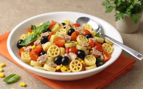 Un piatto invitante di pasta fredda tonno con pomodorini, olive nere, mais e basilico fresco. Perfetta per un pranzo estivo.