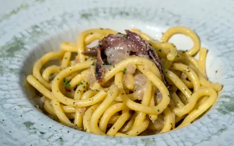 Un piatto di bigoli in salsa, con pasta spessa e condimento a base di acciughe e cipolla, guarnito con prezzemolo tritato.