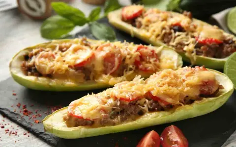 Zucchine tonde ripiene, un piatto gustoso con carne macinata, pomodoro e formaggio fuso, pronto per essere gustato.