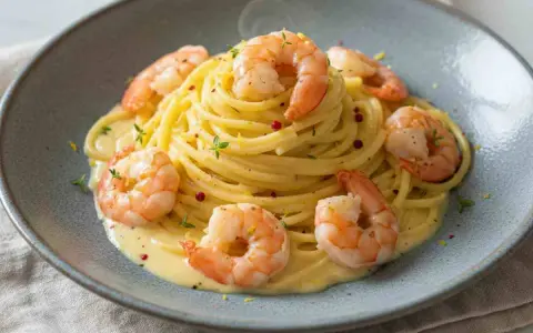 Un piatto di tagliolini al limone con gamberi succulenti, guarnito con erbe aromatiche e pepe rosa.