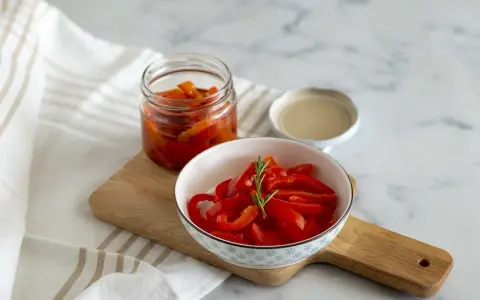 Peperoni sott'olio in una ciotola e in un barattolo, pronti per essere gustati. Un rametto di rosmarino decora i peperoni.