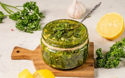 Un vasetto di salmoriglio ricetta, con prezzemolo fresco, limone e aglio, pronto per insaporire i tuoi piatti.