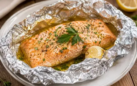 Succulento salmone al cartoccio, cotto con aglio e prezzemolo, pronto per essere gustato.
