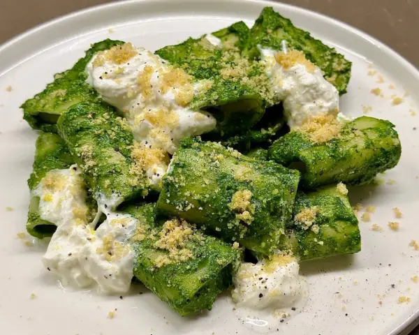 Paccheri conditi con un vibrante pesto di cavolo nero, arricchiti da ricotta cremosa e una spolverata di pangrattato croccante.