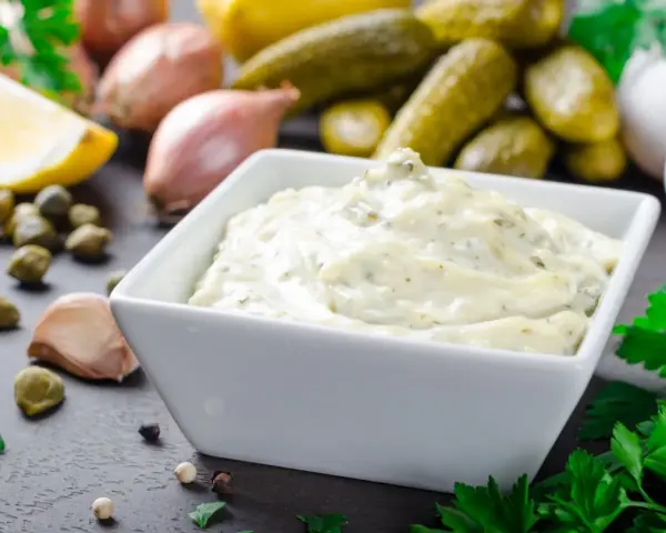 Una cremosa salsa remoulade in una ciotola bianca, circondata da ingredienti freschi come limone, capperi, aglio e cetriolini.