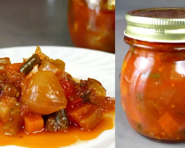 Un delizioso antipasto piemontese ricetta originale: verdure miste sott'olio, servito su un piatto bianco e in un barattolo di vetro.