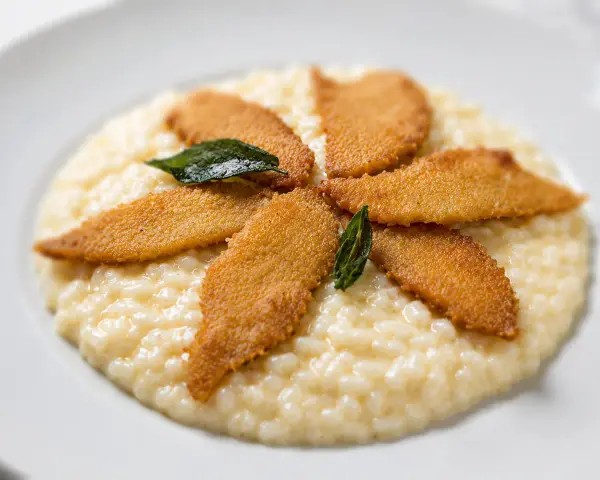 Un cremoso risotto al pesce persico, guarnito con filetti dorati e foglie di salvia croccante, un piatto che invita alla degustazione.