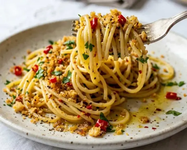 Spaghetti con acciughe e pangrattato, un piatto semplice ma gustoso, con un tocco di peperoncino e prezzemolo fresco.