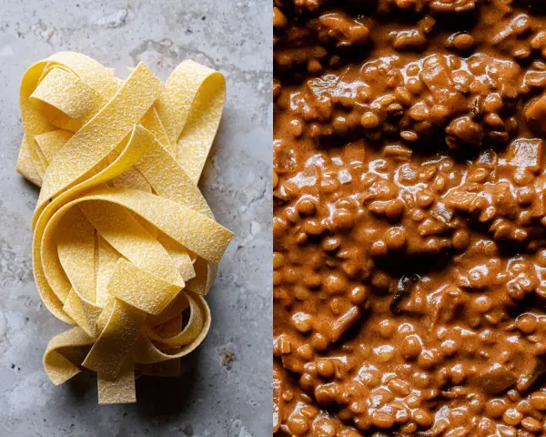 Fettuccine fresche accanto a un ricco ragù di lenticchie, pronto per essere gustato.
