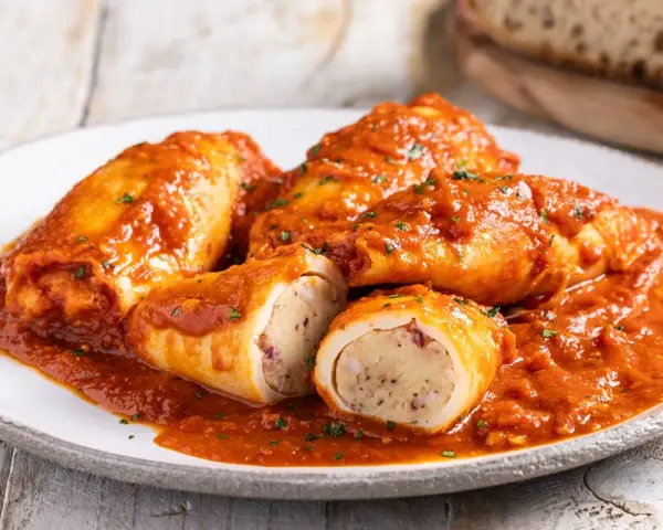 Calamari ripieni in padella, soffocati in un sugo rosso saporito, con un ripieno visibile e prelibato.