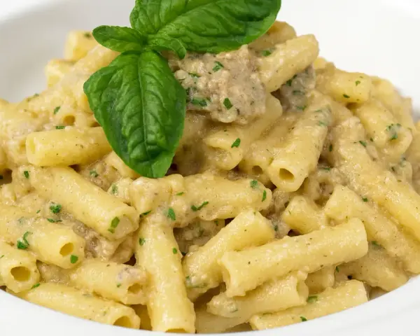 Un piatto di pasta con melanzane in bianco cremosa, condita con erbe aromatiche e guarnita con una foglia di basilico fresco.