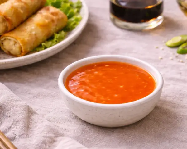 Una ciotola di salsa agrodolce arancione brillante, perfetta per accompagnare involtini primavera dorati.