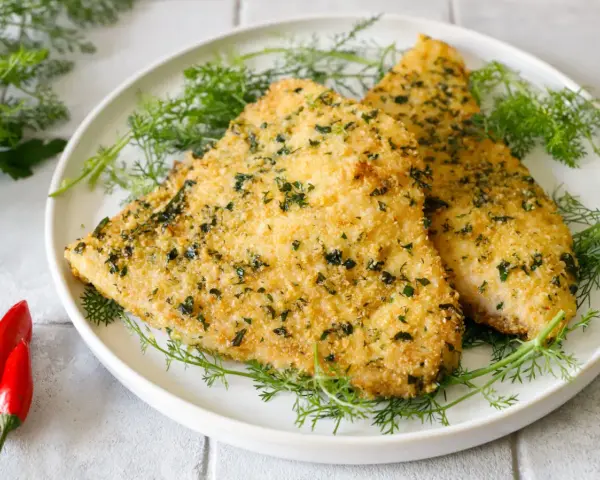 Due filetti dorati di pesce spada alla palermitana, croccanti e profumati, adagiati su un letto di finocchietto fresco.