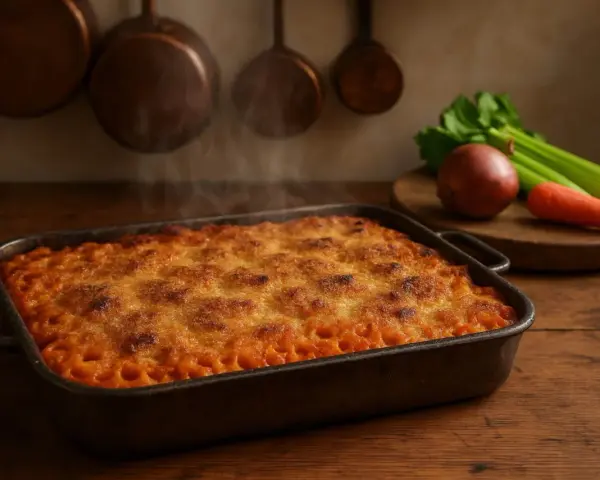 Anelletti alla siciliana fumanti in teglia, con ingredienti freschi sullo sfondo.