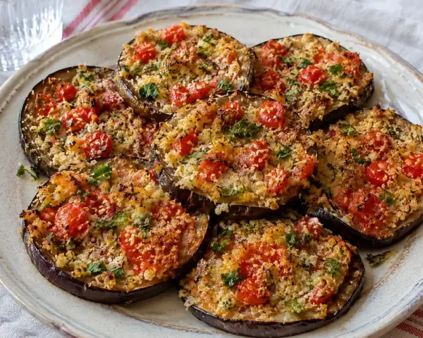 Fette di melanzane ripiene in friggitrice ad aria, condite con pomodorini e pangrattato, pronte per essere gustate.