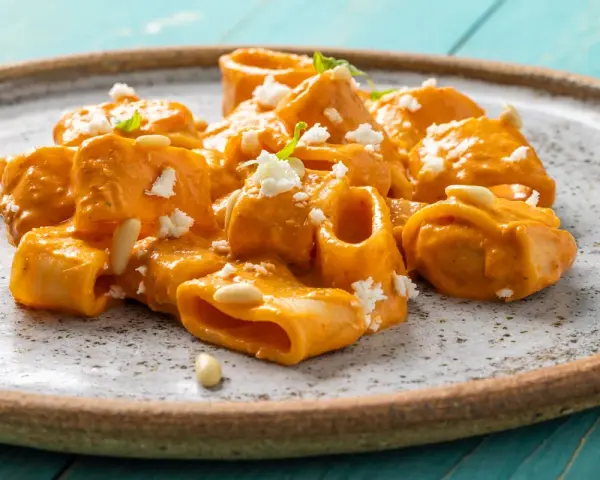 Paccheri cremosi con salsa arancione, formaggio sbriciolato e pinoli. Un piatto che ricorda il sapore del brodo vegetale Bimby.