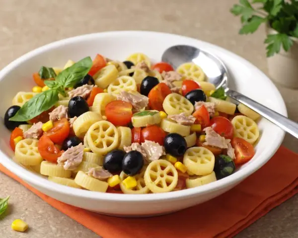 Un piatto invitante di pasta fredda tonno con pomodorini, olive nere, mais e basilico fresco. Perfetta per un pranzo estivo.