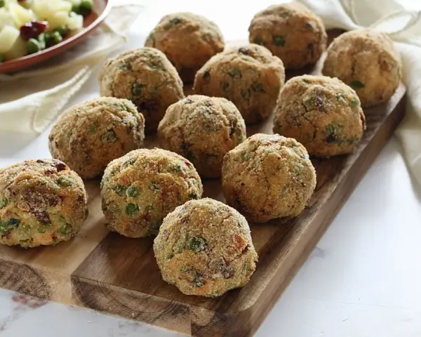 Deliziose polpette di verdure dorate e croccanti, disposte su un tagliere di legno. Un contorno di patate e piselli sullo sfondo.